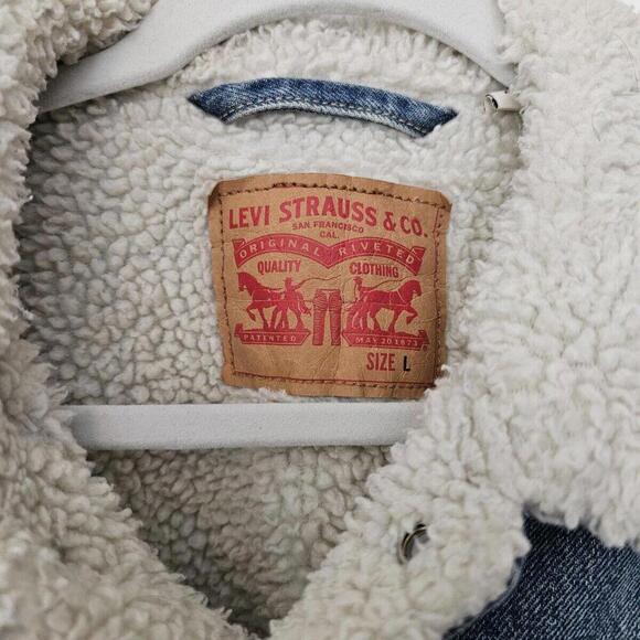 Vintage Levis Men's Denim Jacket Size L Sherpa Lined Stone Washed Trucker Coat - Picture 3 of 8